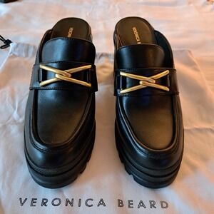 Veronica‎ Beard Black Leather Platform Loafer Mules Gold Hardware Chunky Sole